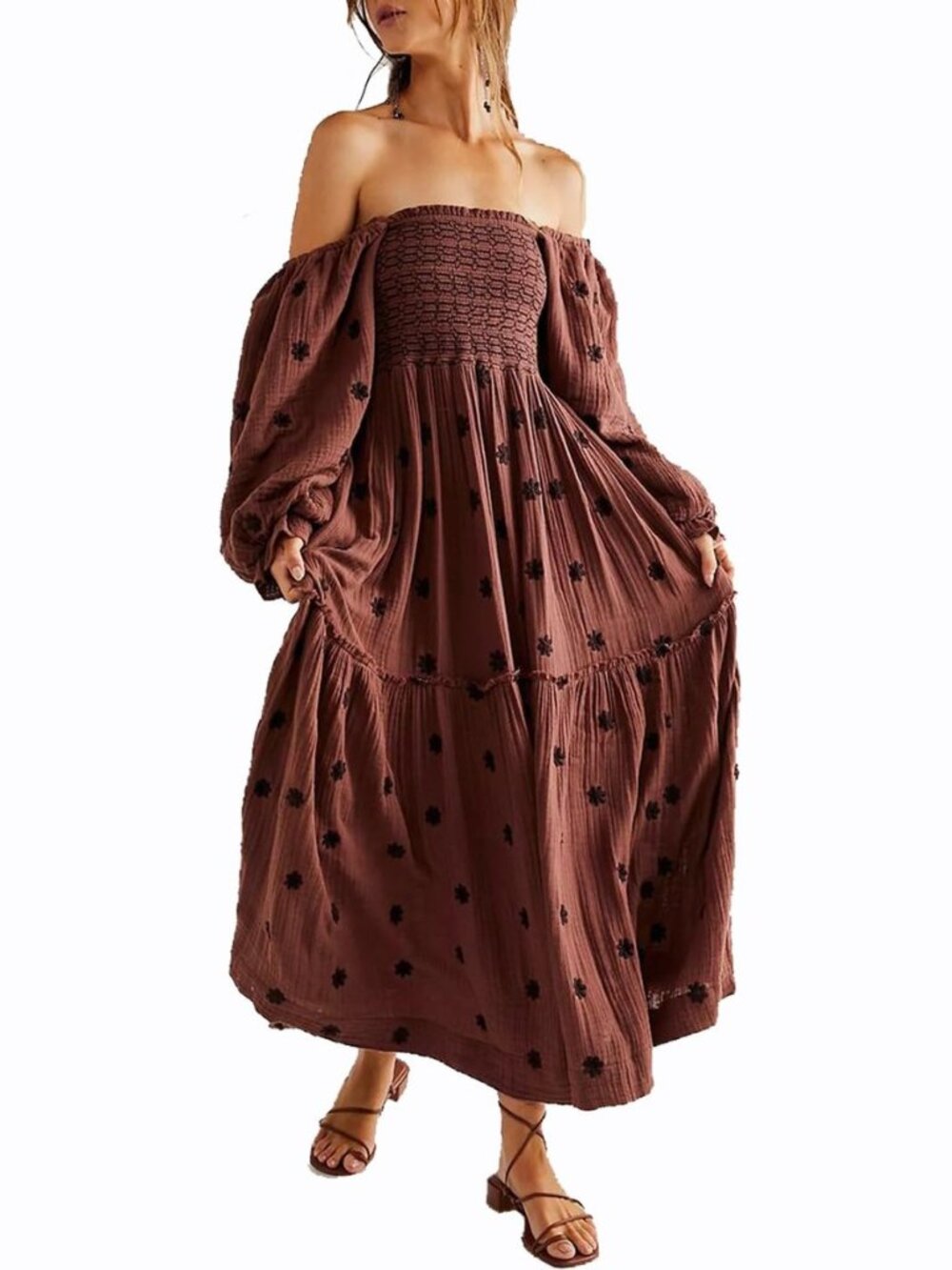 Women Bohemian Floral Dress Lantern Sleeve Square Neck Flower Embroidered Maxi